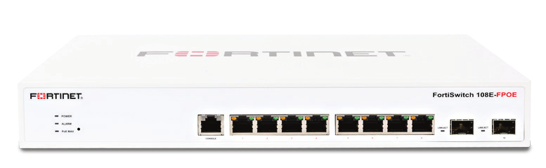 FortiSwitch-108E-FPOE L2+ management switch with 8xGE + 2xSFP + 1xRJ45 console and automatic limited 130W POE