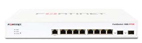 FortiSwitch-108E-FPOE L2+ management switch with 8xGE + 2xSFP + 1xRJ45 console and automatic limited 130W POE