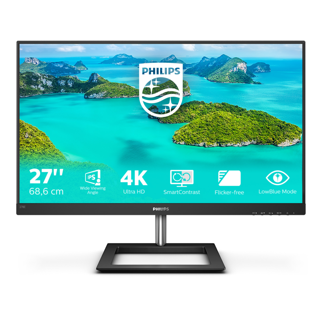 278E1A/00  Монитор LCD 27'' 16:9 4K 3840х2160 IPS, nonGLARE, 350cd/m2, H178°/V178°, 1000:1, 16.7M Color, 4ms, DP, HDMIx2, Tilt, Audio out, 2Y, Black